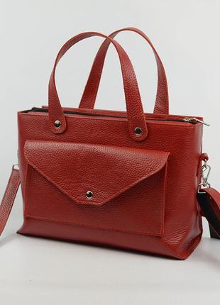 Красная кожаная женская деловая сумка с ручками и длинным съемным ремешком5 фото