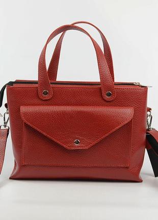 Красная кожаная женская деловая сумка с ручками и длинным съемным ремешком3 фото