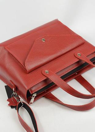 Красная кожаная женская деловая сумка с ручками и длинным съемным ремешком6 фото