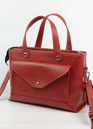Красная кожаная женская деловая сумка с ручками и длинным съемным ремешком2 фото
