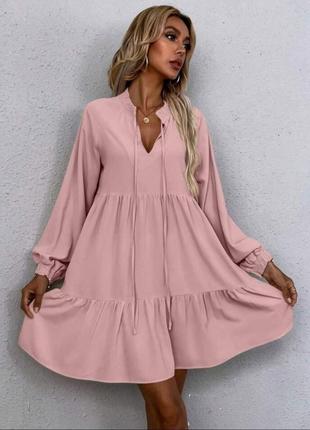 Сукня коротка однотонна вільного крою на довгий рукав якісна стильна рожева чорна3 фото