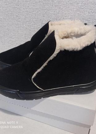 Жіночі замшеві зимові черевики сліпони на хутрі чорні  37р = 24 см2 фото