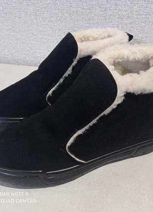 Жіночі замшеві зимові черевики сліпони на хутрі чорні  37р = 24 см3 фото