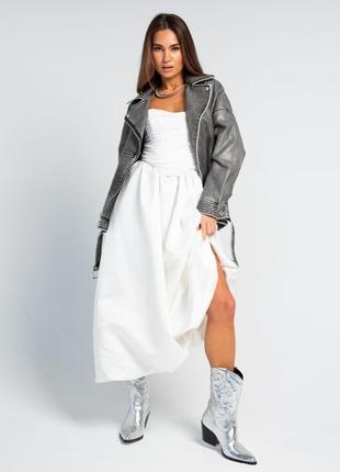 Женская куртка косуха, с потертостями из экокожи, искусственная кожа пиж винтаж, длинная классическая, серая10 фото