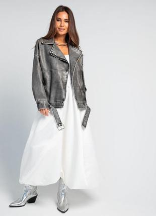 Женская куртка косуха, с потертостями из экокожи, искусственная кожа пиж винтаж, длинная классическая, серая9 фото