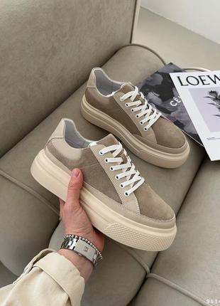 Натуральные качественные стильные кроссовки кожа замша комбинированные на платформе