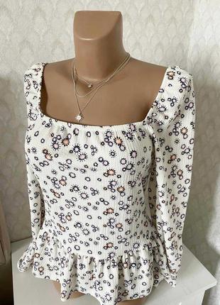 Дуже красива блуза з квадратним вирізом в квітковий принт блуза з довгими рукавами р.10/382 фото