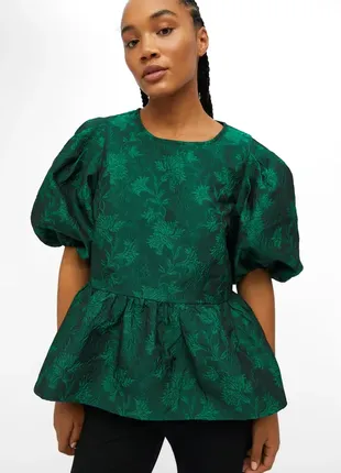 Жаккардовая зеленая блузка с объемными рукавами object5 фото