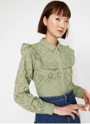 Warehouse фисташковая блуза из прошвы, винтажный стиль, рубашка с рюшами, рубашка кружево1 фото