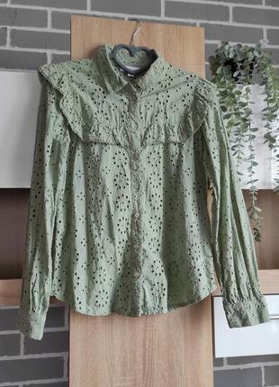 Warehouse фисташковая блуза из прошвы, винтажный стиль, рубашка с рюшами, рубашка кружево4 фото