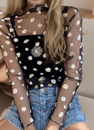 Прозрачная блуза водолазка сетка в ромашки