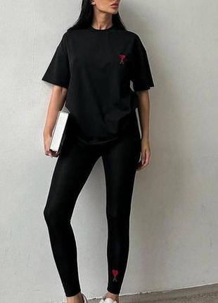 Костюм женский, однотонный оверсайз футболка с принтом лосины на высокой посадке, качественный стильный черный серый1 фото