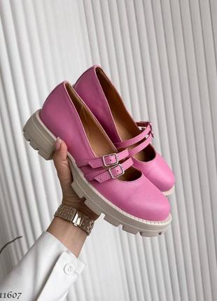 Premium! женские кожаные розовые лоферы на каблуке весенне осенние туфли натуральная кожа весна4 фото