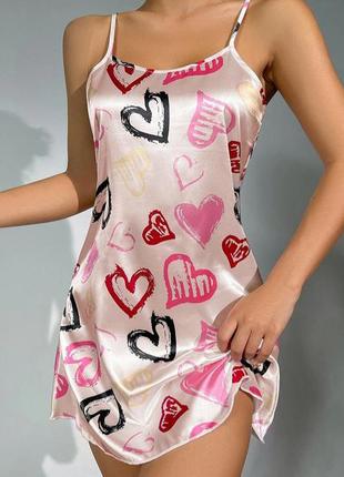 Женский шелковый пеньюар рубашка с принтом сердца.8 фото