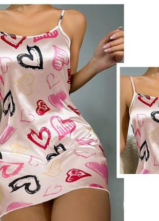 Женский шелковый пеньюар рубашка с принтом сердца.3 фото
