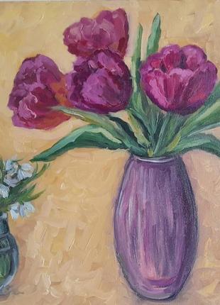 Натюрморт с тюльпанами и пролесками, полотно, масло1 фото