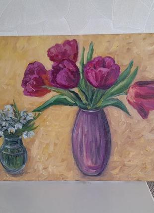 Натюрморт с тюльпанами и пролесками, полотно, масло3 фото