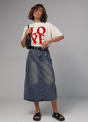 Джинсовая юбка-миди с разрезом сзади5 фото