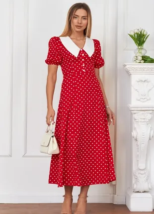 Длинное платье в горошек красное платье приталенное с воротником