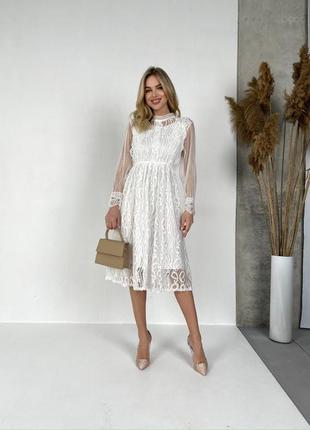 Платье белое однотонное с кружевом на длинный рукав качественная стильная трендовая6 фото