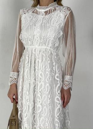 Платье белое однотонное с кружевом на длинный рукав качественная стильная трендовая2 фото