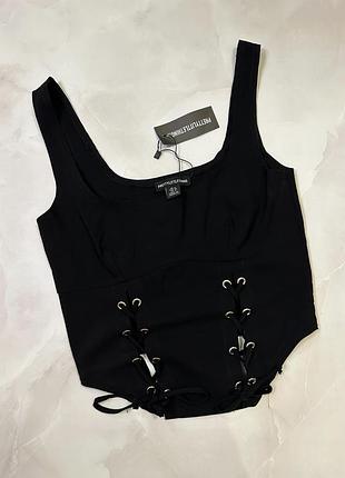 Черный женский нарядный топ майка на резинке со шнуровкой prettylittlething