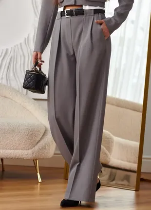 Сірі брюки зі стрілками прямі широкі штани палацо з кишенями