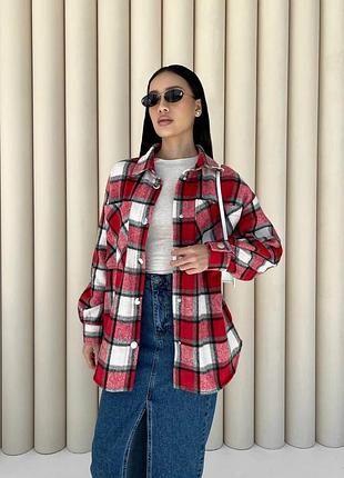 Оверсайз рубашка в клетку теплая рубашка с шерстью красного цвета