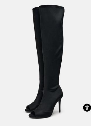 Тканинні чоботи на підборах до коліна zara ботфорти відкритий носок чулки хілси