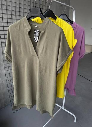 Рубашка с короткими рукавами с подкатом с воротником стойкой с боковыми разрезами9 фото