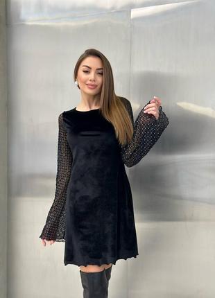 Черное велюровое платье до колена 💕 рукава сетка 💕 черное красивое платье 💕черное платье 💕8 фото