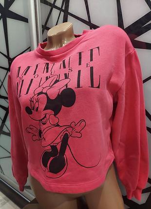 Крутой свитшот, реглан укороченный на флисе zara disney с минни малиновый 44-46