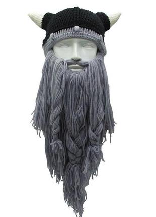 Зимняя шапка викинга с шапкой рогами и длинной бородой resteq