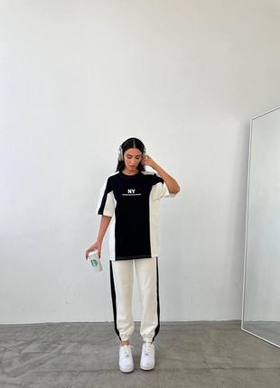 Женский летний трендовый комбинированный спортивный костюм штаны с футболкой размеры 42-484 фото