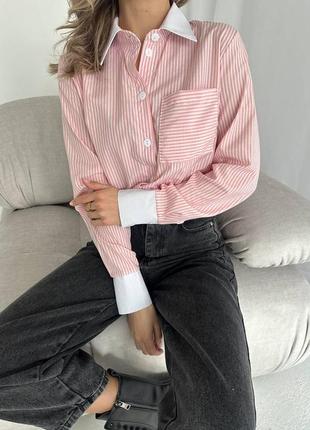 Рубашка женская однотонная базовая на пуговицах с карманом качественная стильная в полоску розовая голубая3 фото