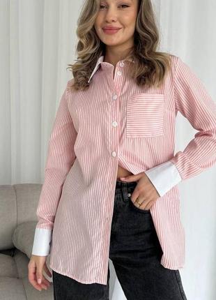 Рубашка женская однотонная базовая на пуговицах с карманом качественная стильная в полоску розовая голубая1 фото