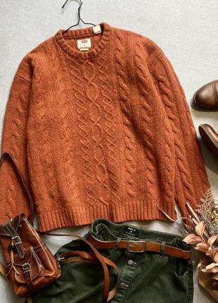 Levi's оригинал тёплый, оранжевый, свитер, унисекс, оверсайз, с косами, шерсть, дорогой бренд