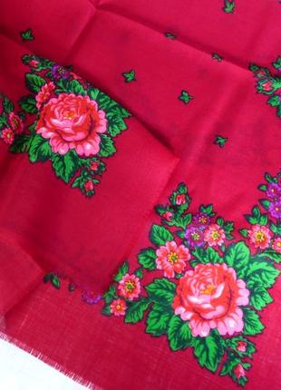 Красный шерстяной платок в розы новый, тонкий теплый платок - шарф