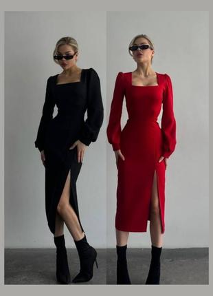 Платье миди силуэтное красное чёрное с квадратным вырезом декольте с рукавами фонариками футляр по фигуре корсетное офисное нарядное элегантное2 фото