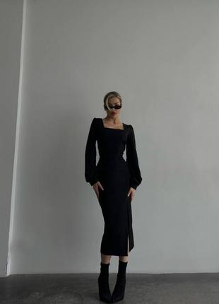 Платье миди силуэтное красное чёрное с квадратным вырезом декольте с рукавами фонариками футляр по фигуре корсетное офисное нарядное элегантное1 фото
