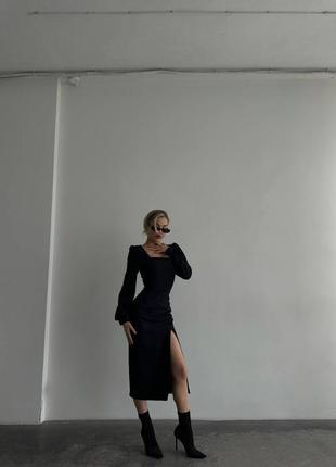 Платье миди силуэтное красное чёрное с квадратным вырезом декольте с рукавами фонариками футляр по фигуре корсетное офисное нарядное элегантное8 фото