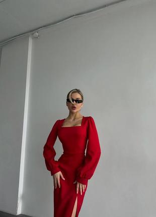 Платье миди силуэтное красное чёрное с квадратным вырезом декольте с рукавами фонариками футляр по фигуре корсетное офисное нарядное элегантное5 фото