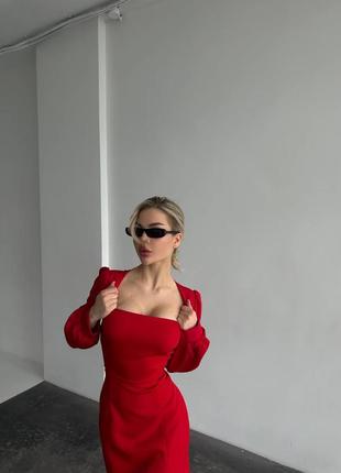 Платье миди силуэтное красное чёрное с квадратным вырезом декольте с рукавами фонариками футляр по фигуре корсетное офисное нарядное элегантное4 фото