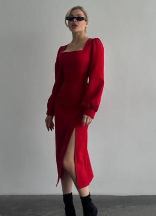 Платье миди силуэтное красное чёрное с квадратным вырезом декольте с рукавами фонариками футляр по фигуре корсетное офисное нарядное элегантное1 фото