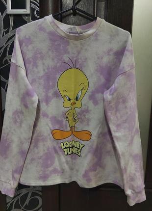 Стильный свитшот с утенком твитти looney tunes от h&m, лавандовое облако 42-465 фото