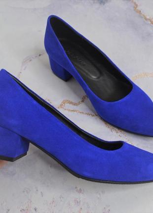 Туфлі  човники замшеві сині с гострим носком на підборах 6см6 фото