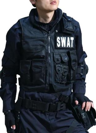 Жилет тактичний, військовий чорний поліцейський swat, жилет спецназу 11 кишень "розвантаження", розмір l1 фото