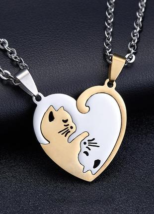 Парные кулоны для влюбленных с сердцем. двойные подвески с котиками. красивые кулоны коты на подарок1 фото