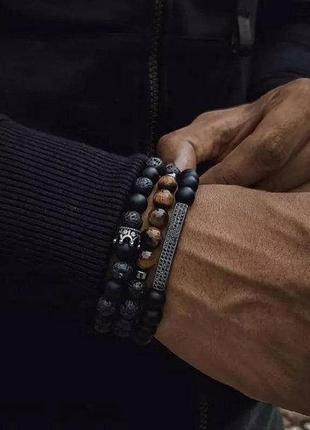 Мужские браслеты из натуральных камней, каменные браслеты из агата с короной комплект5 фото