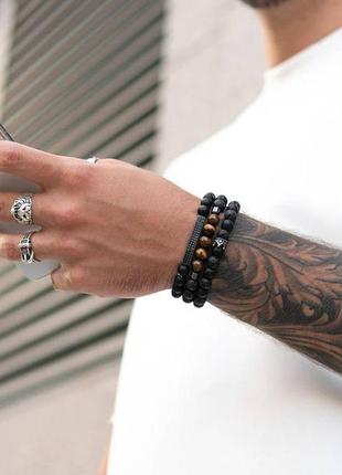 Мужские браслеты из натуральных камней, каменные браслеты из агата с короной комплект6 фото